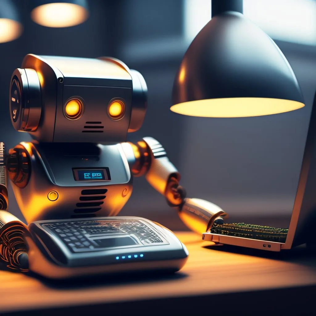 a robot working with a computer