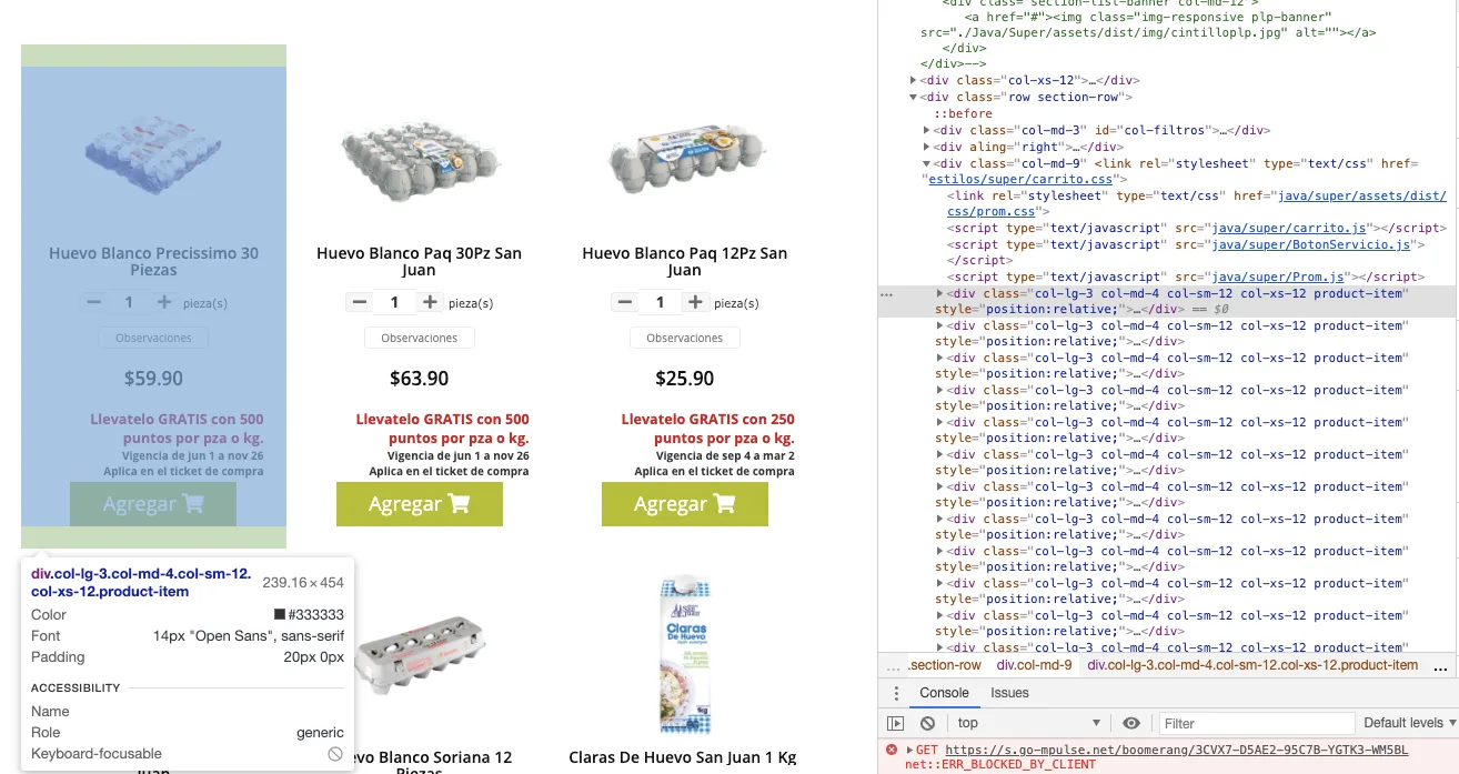 Screenshot of the Soriana site for the product “egg”
