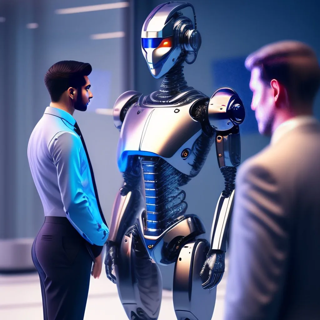 robot doctor metallic and sophisticated, full body and center in image, in modern office consultation with human patient sick on stretcher and analysis equipment in background, highly detailed, photorealistic, artstation, sharp focus, detailed painterly digital art style, 8k octane beautifully detailed render, blue tones,
