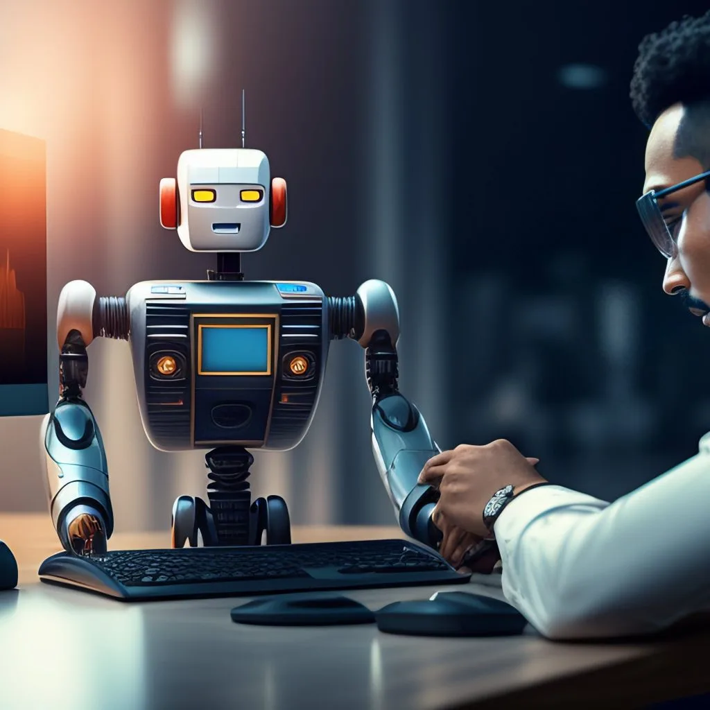 a robot working with a computer, a man watching it