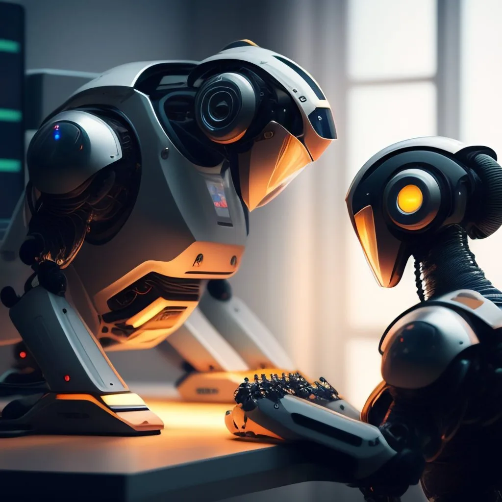 a robot helping a human programmer. Both programming together, with several monitors.