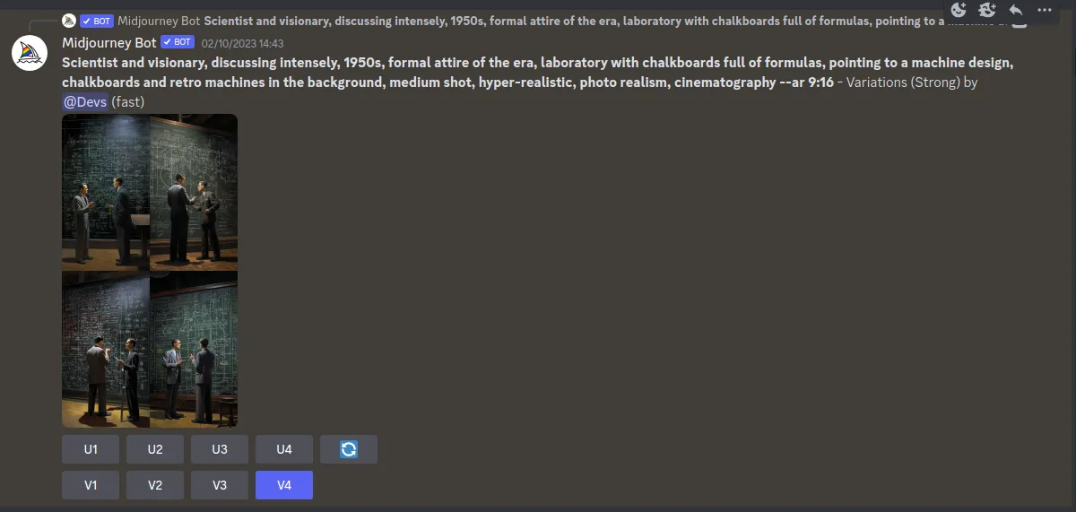 MIdjourney prompt that generates 4 images of two scientists from the 50s
