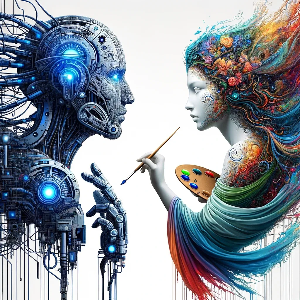 The image presents a fascinating representation of the dichotomy between artificial intelligence (AI) and art. On one side, a detailed, mechanical AI entity, composed of intricate circuits and illuminated with bright blue lights, symbolizes the precision and logic of the technology. In contrast, on the other side, stands a human figure wrapped in a colorful, flowing garment, holding a paintbrush and palette, representing the freedom and emotion of art. The two figures face each other, symbolizing the meeting of these two contrasting worlds. The composition, set against a clean white background, is simple but striking, emphasizing the contrast between these two fundamental aspects of creativity and innovation.