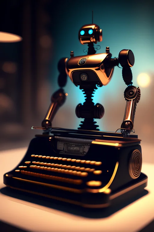 Digital art of a robot at a desk, typing a story on an old typewriter