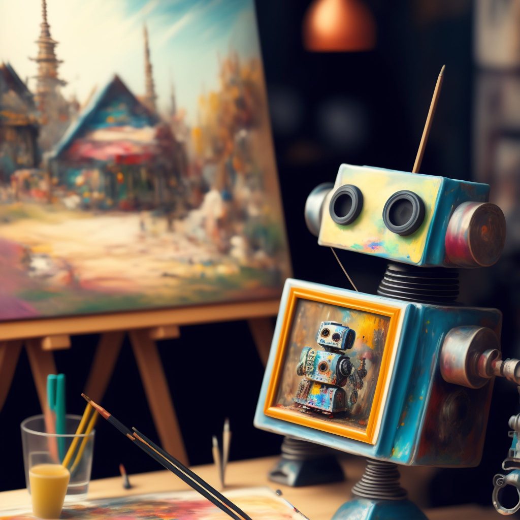 A messy, chaotic artist's workshop, inside is a cute robot painting a picture. The picture is of another robot