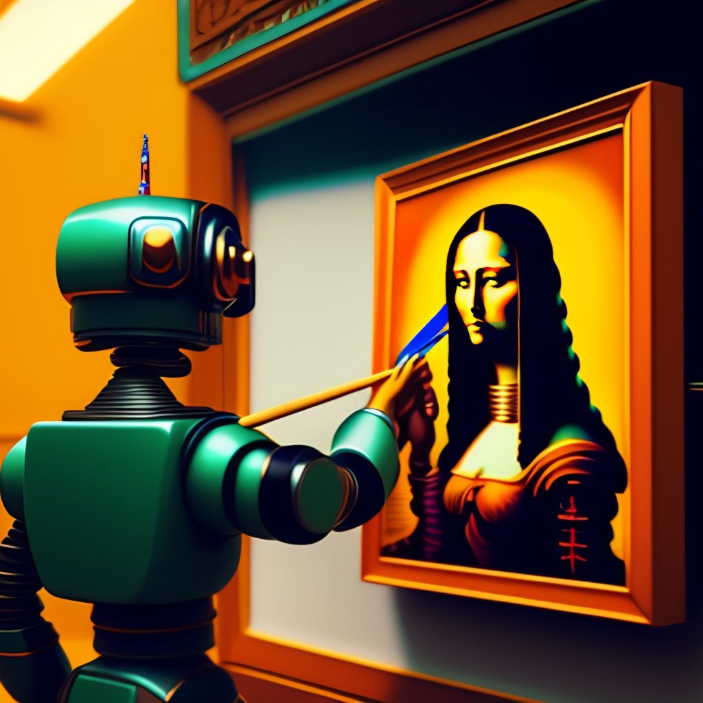 An illustration of Bender, robot from futurama as an artist painter, holding a brush next to a canvas on which a robotic mona lisa is painted