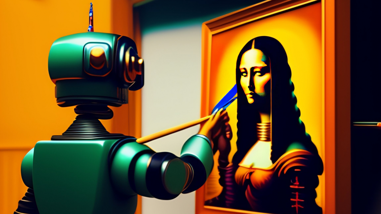 An-illustration-of-Bender-robot-from-futurama-as-an-artist-painter-holding-a-brush-next-to-a-canvas-on-which-a-robotic-mona-lisa-is-painted-c