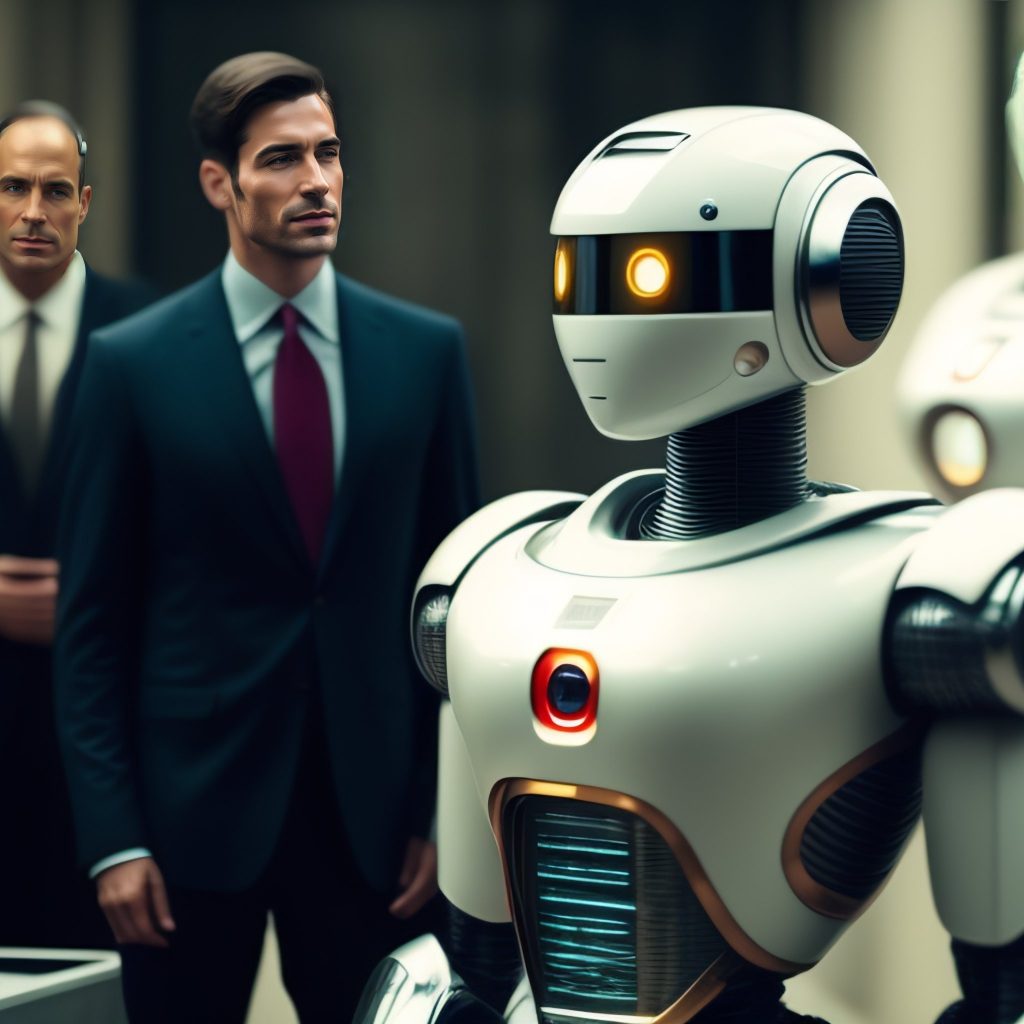 a man in a suit talk with a robot