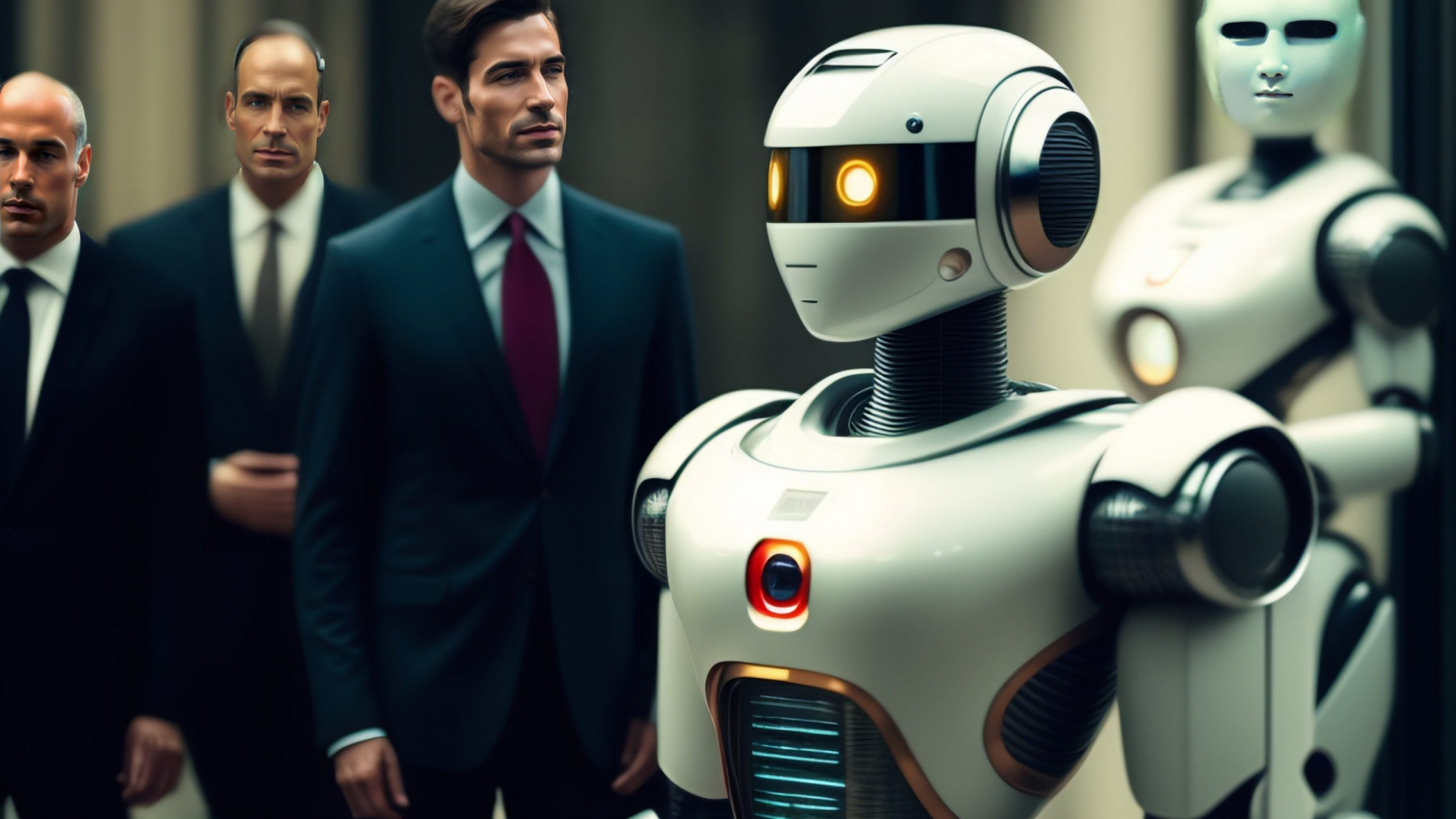 a man in a suit talk with a robot