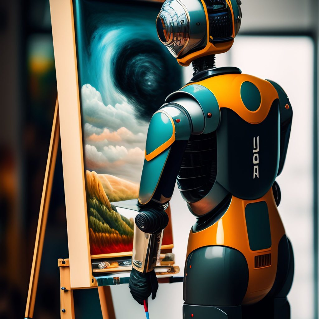 An artist robot holding a paintbrush is painting a masterpiece on a canvas, rear view
