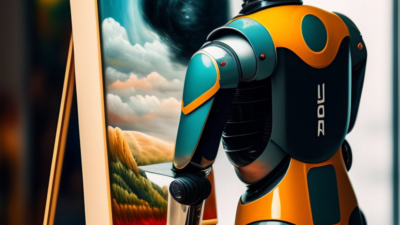 An-artist-robot-holding-a-paintbrush-is-painting-a