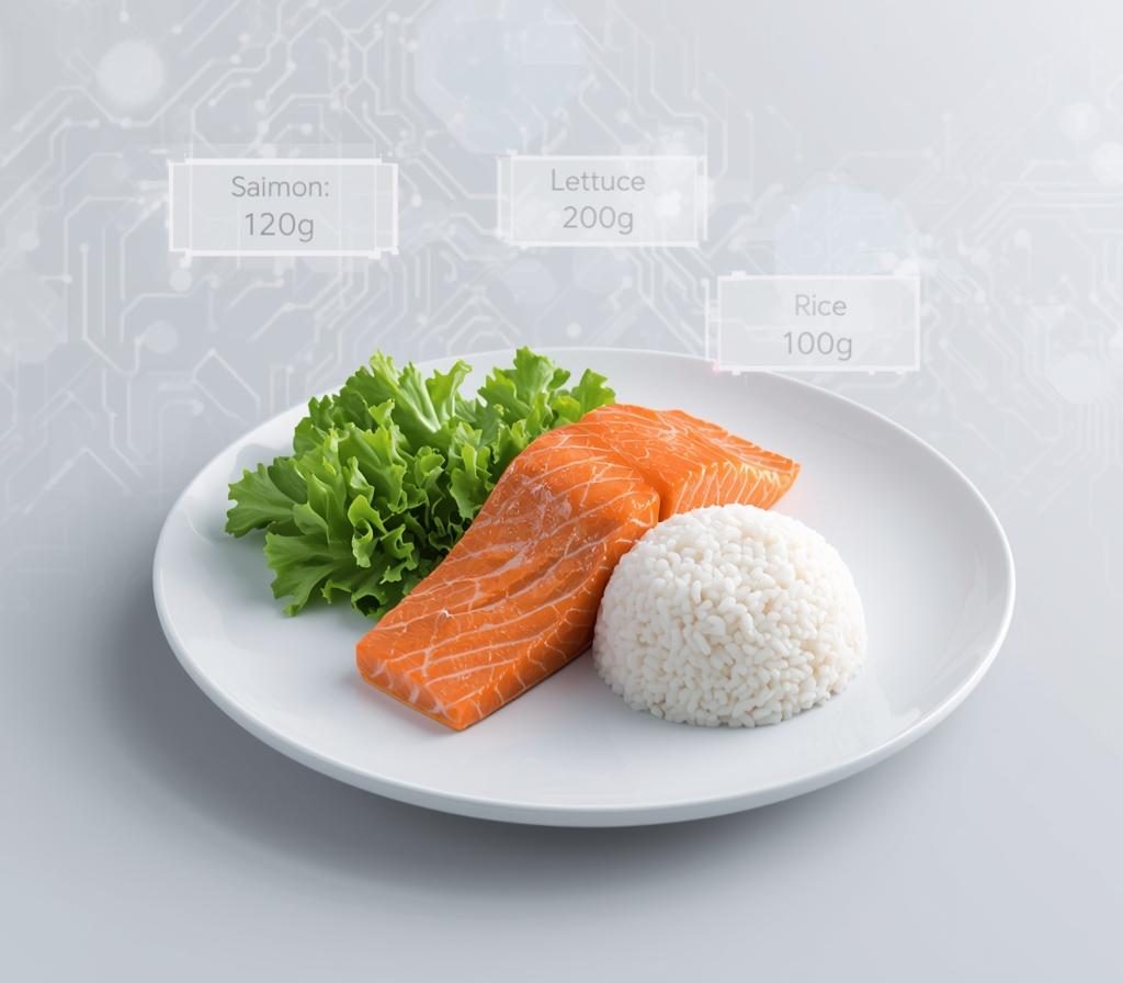 Plato de comida con datos nutricionales