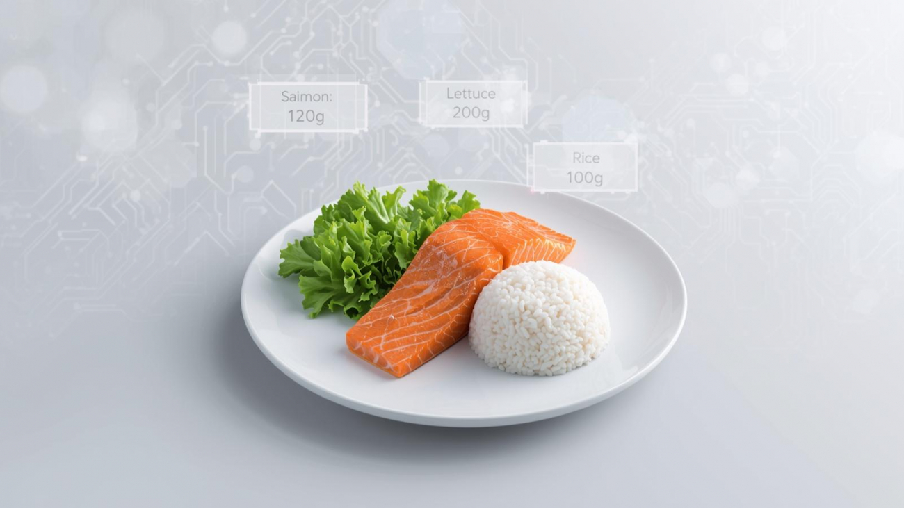 Plato de comida con datos nutricionales