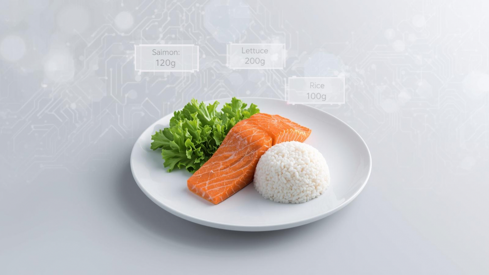 Plato de comida con datos nutricionales