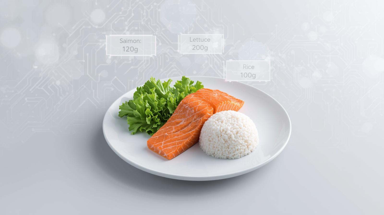 Plato de comida con datos nutricionales